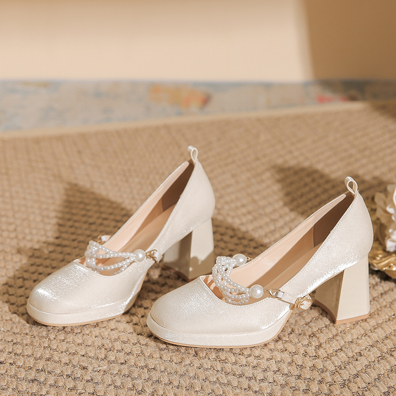 Champagne Waterproof Platform High Heels for Women, Thick Heels, Pearl Elegant, One-Line Straps for Small People, Mary Jane Shoes for Women