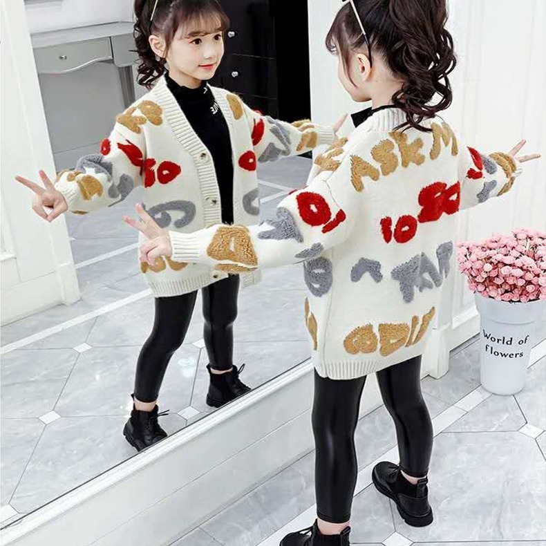 Children's Sweater Women's 2023 Spring and Autumn New Hot Style Girls Loose Big Kids Mid-length Big Kids Thickened Cardigan Jacket