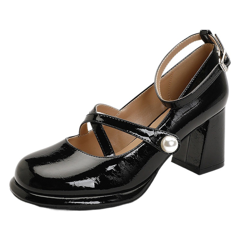 French Style Gentle with Skirt, High Heels, Thick Heels, Shallow Mouth, Waterproof Platform, Thick-Soled Flats, Pearl Mary Jane Women's Shoes