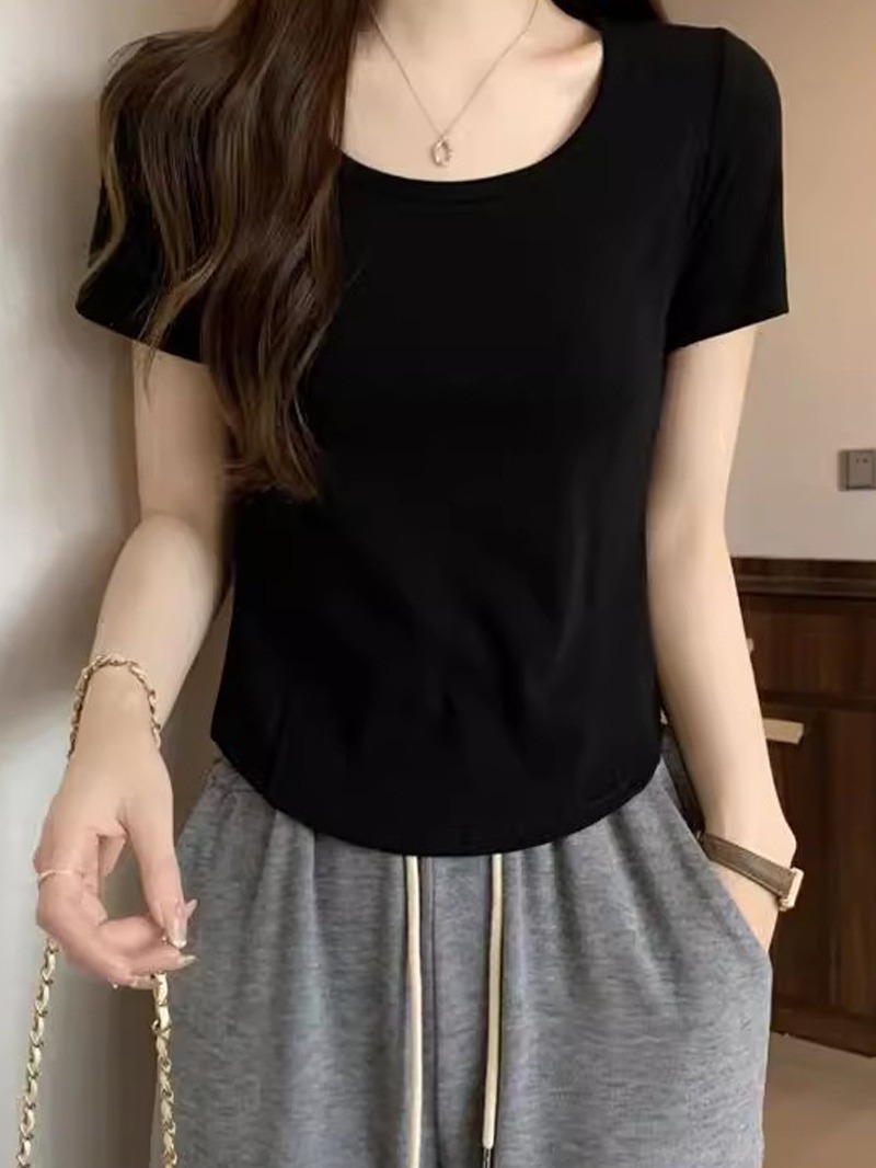 Sweet and spicy short-sleeved top Fishbone shoulder round neck T-shirt women's summer new slim fit T-shirt Western style age-reducing short shirt