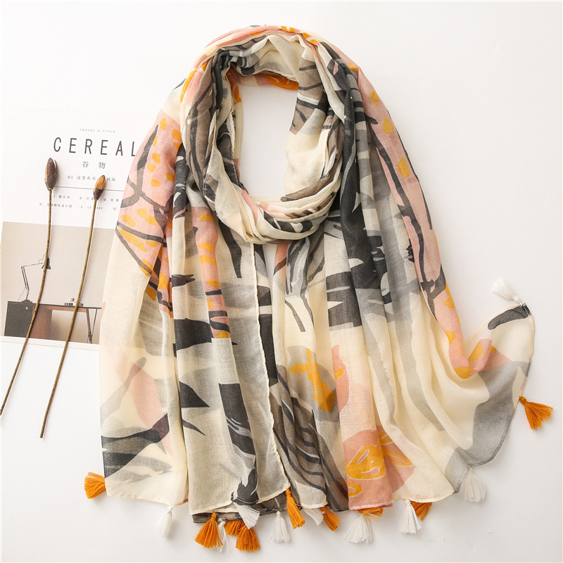 South Korea Cotton and Linen Scarf Women's Spring and Autumn Fresh Plain Leaf Flower Spring Thin Silk Scarf Shawl Beach Towel Women