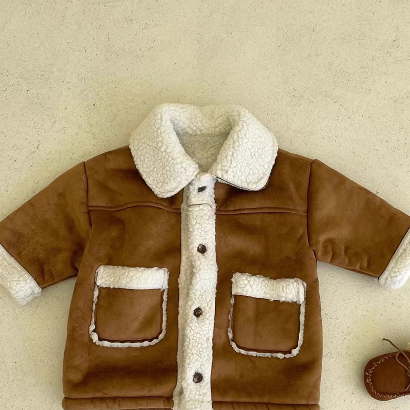 Picture of Korean Style Ins Children's Wear Winter New Color-block Cardigan fleece-lined Western Style Thickened Casual Lamb Wool Jacket for Boys and Girls