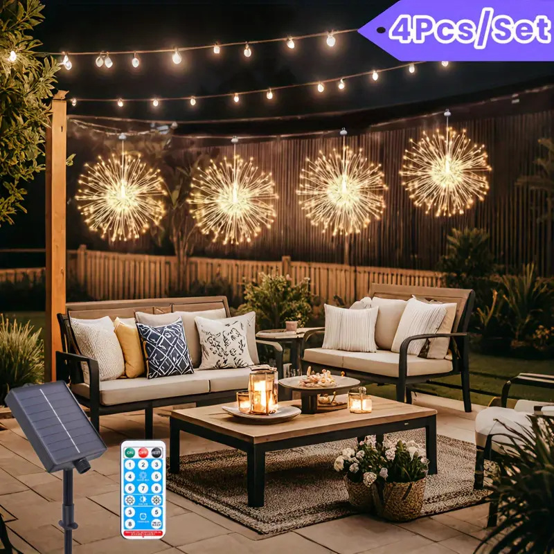 Led Solar Hanging Fireworks Lights Camping Style Canopy Atmosphere String Lights Starry Sky Dandelion Waterproof Copper Wire String Lights