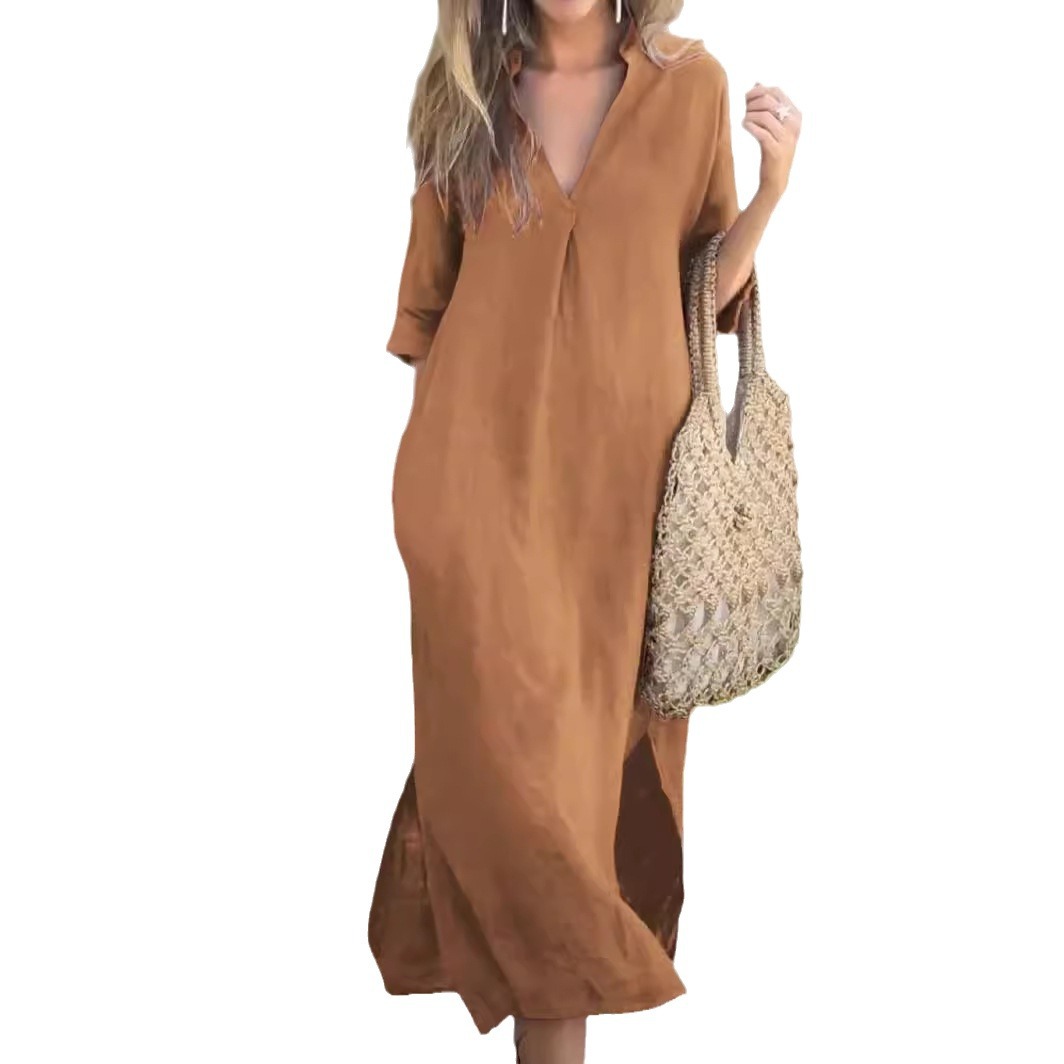 Picture of Amazon independent station cross-border cotton and linen women's summer explosions on both sides of the slit V-neck 7 sleeve chest pleated dress