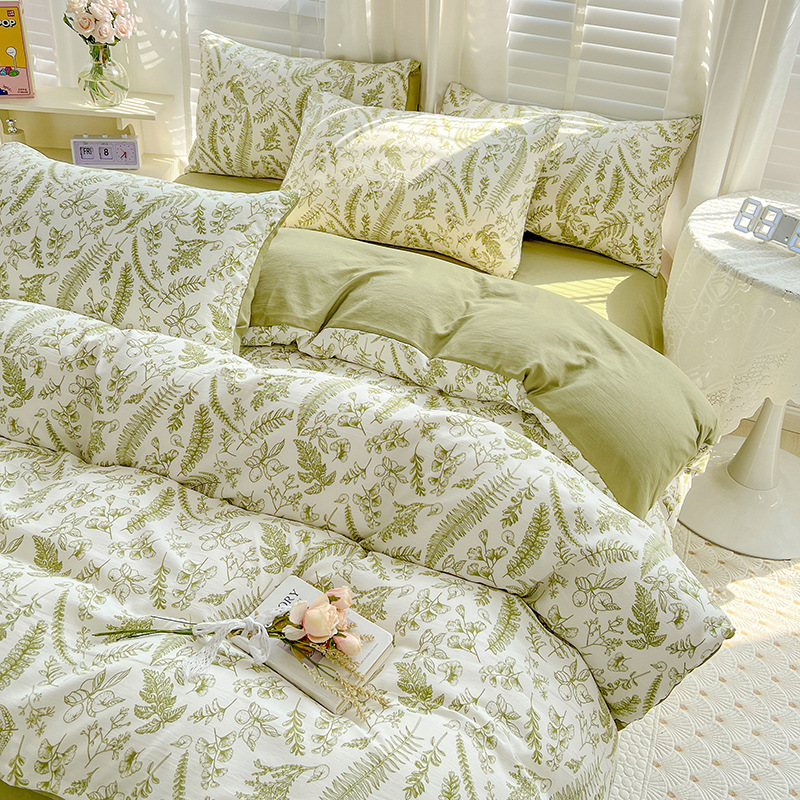 Picture of Class A Washed Double Yarn Cotton and Linen Four-piece Bed Sheet Cover Cover Three-piece Machine Washable Single and Double Bed Top Supplies
