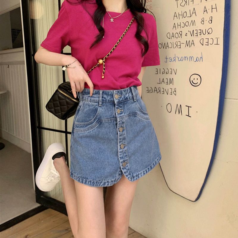 Trendy High Waist Buckle Denim Shorts Women's Summer New Design Sense Niche Slimming Straight Leg Wide A- Line Skirt Pants
