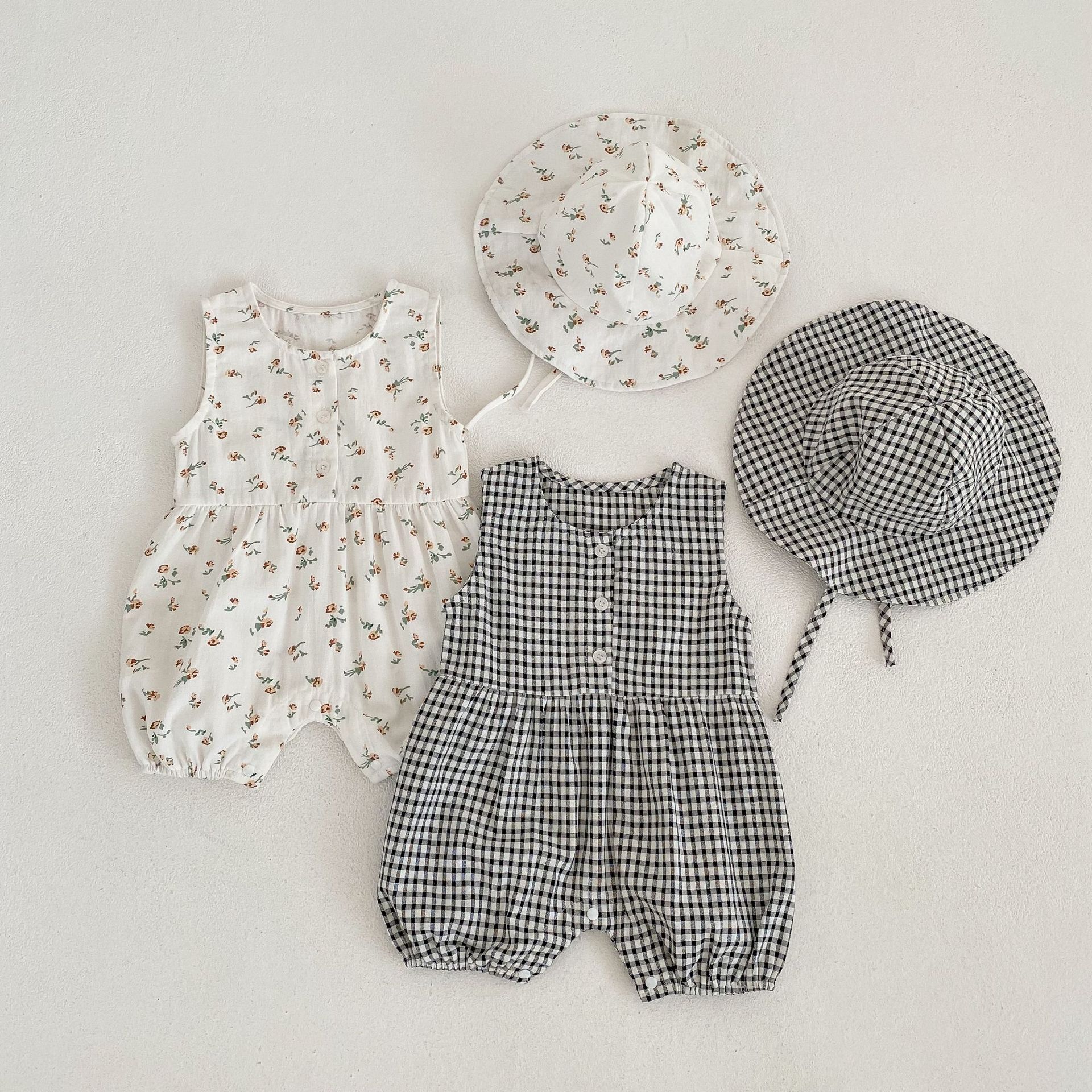 Picture of Ins Summer Baby Girl Fashionable Plaid Floral Sleeveless Harem Bag Fart Clothing Round Neck Baby Jumpsuit Crawling Clothing