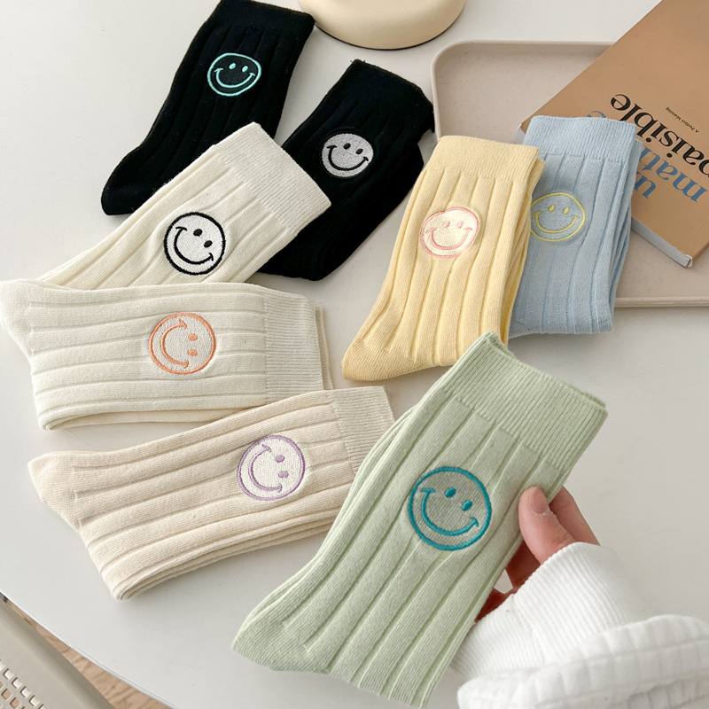 suxinaimin Spring and Summer Ins Style White Stacked Socks Trendy Solid Color Cotton Socks Women's Embroidered Smiley Socks