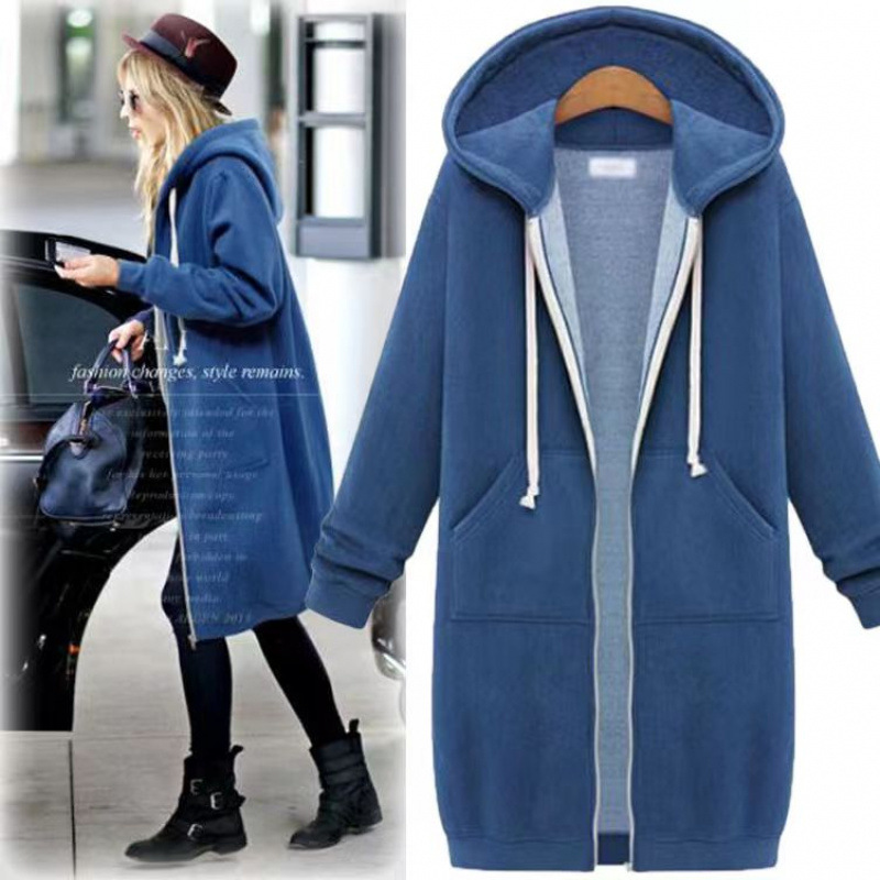 European station new zipper cardigan long hooded sweater fleece-lined 200kg plus size women's fat sister