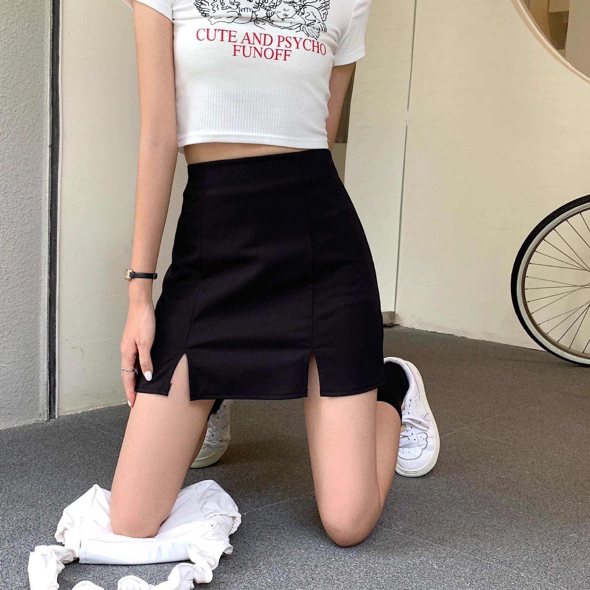 Short Black Skirt for Women 155cm Slimming Look Pear-Shaped Figure A-Line Skirt High-Waisted Short XS Size Suit Skirt