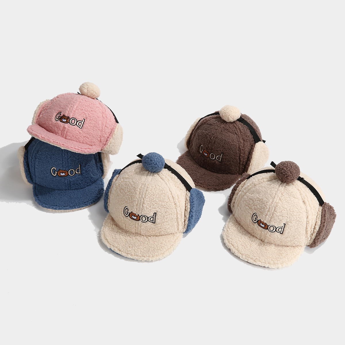GOOD Bear Cartoon Children's Hat Winter Boy's Ear Protection Cap Girl's Cap Kindergarten Lamb Velvet Lei Feng Cap