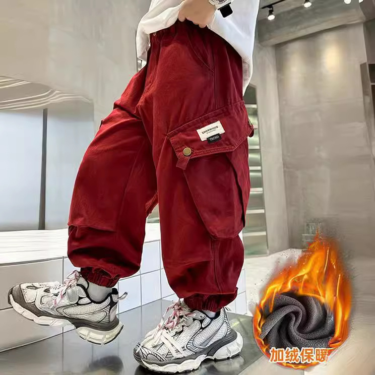 Picture of Boys' fleece-lined thickened pants winter 2024 new children's winter overalls boys' casual pants fashionable trousers