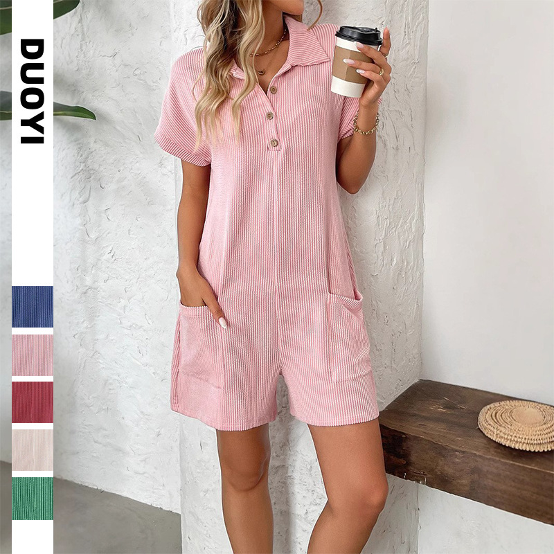 Europe and the United States cross-border Amazon independent station 2025 summer new lapel button loose pocket short sleeve jumpsuit