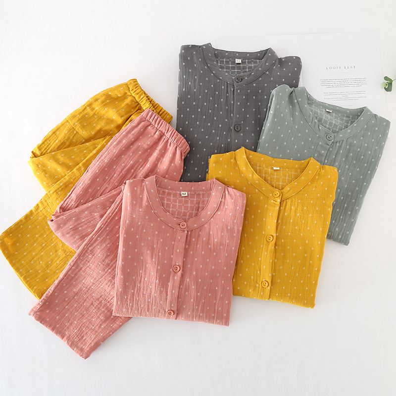Picture of Women's Simple Double-layer Gauze Pure Cotton Sleepwear for Couple Spring and Autumn Summer Thin Men's Home Suit