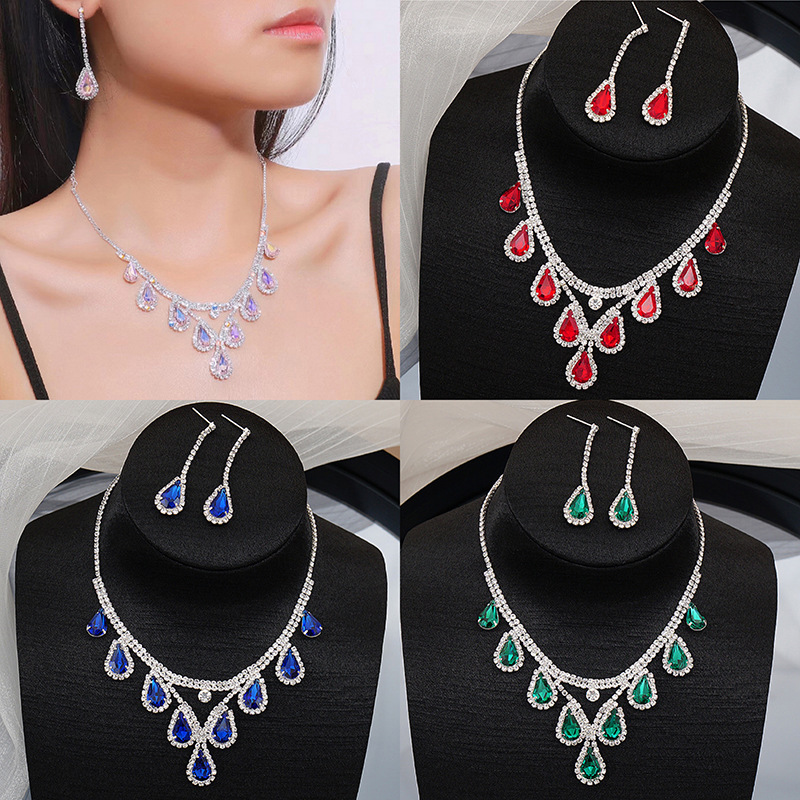 Cross-border sourcing Europe and the United States hot-selling exquisite necklace suit fashion high-end color crystal earrings jewelry two-piece set for women