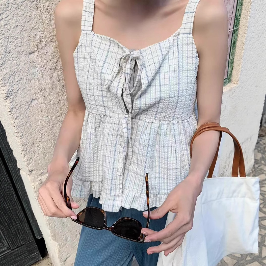 Korean Chic Loose Plaid Front and Back Two-Wear Suspender Lace-Up Ruffle Vest for Women