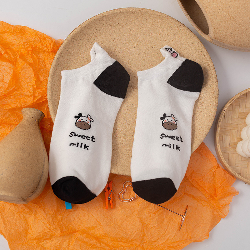 Picture of Black and White Cow Country Sweet Cute Japanese Short Socks Embroidered Striped Cartoon Boat Socks