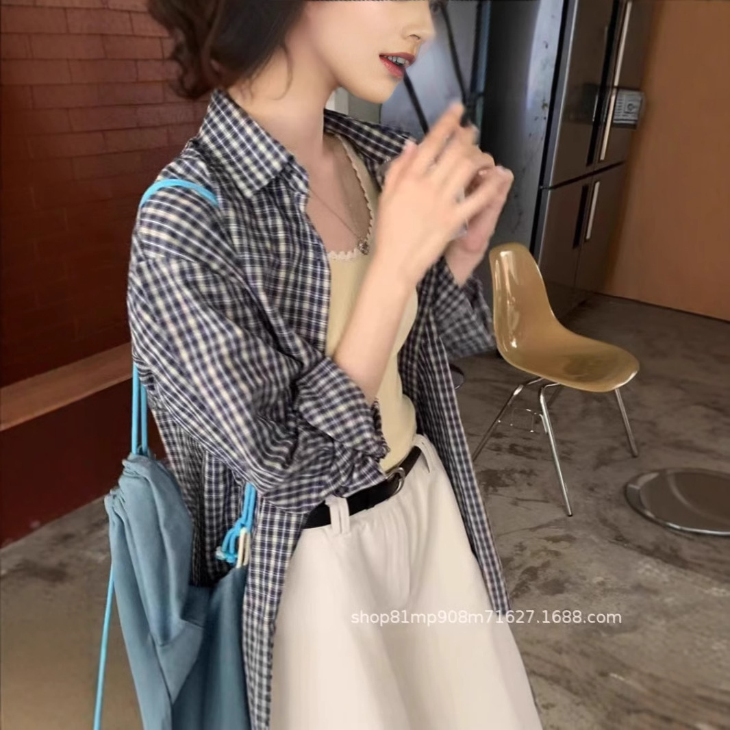 Cross-border spring and autumn French blue plaid long sleeve shirt women's jacket women's loose summer thin sunscreen shirt women