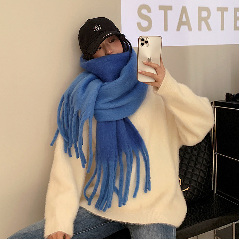 Picture of Winter monochrome plush heavy weight soft fluffy lazy wind solid color large pulled wool warm scarf for students couple