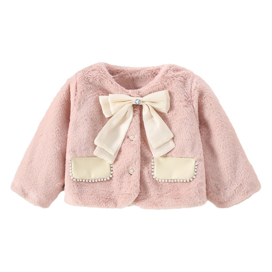 Autumn and Winter Beautiful girls' woolen sweater 2023 new children's clothing Chanel style bow single-breasted solid color fur coat