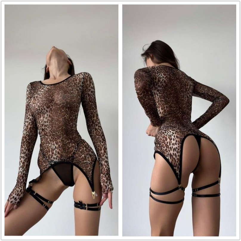 European and American popular Amazon AliExpress cross-border new long sleeve leopard print hot sexy perspective fashion women's suit