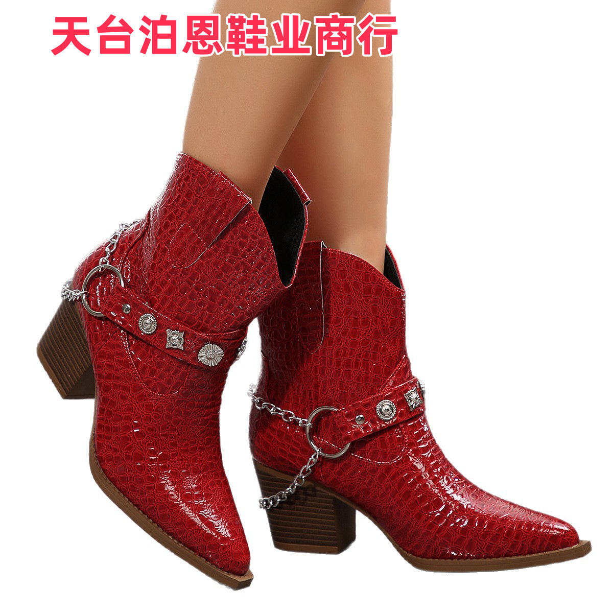 Picture of 2025 European and American Fashion New In-Stock High-Heel Women's Leather Boots, Export Large Size Pointed Toe Belt Buckle, One-Foot Chunky Heel Boots