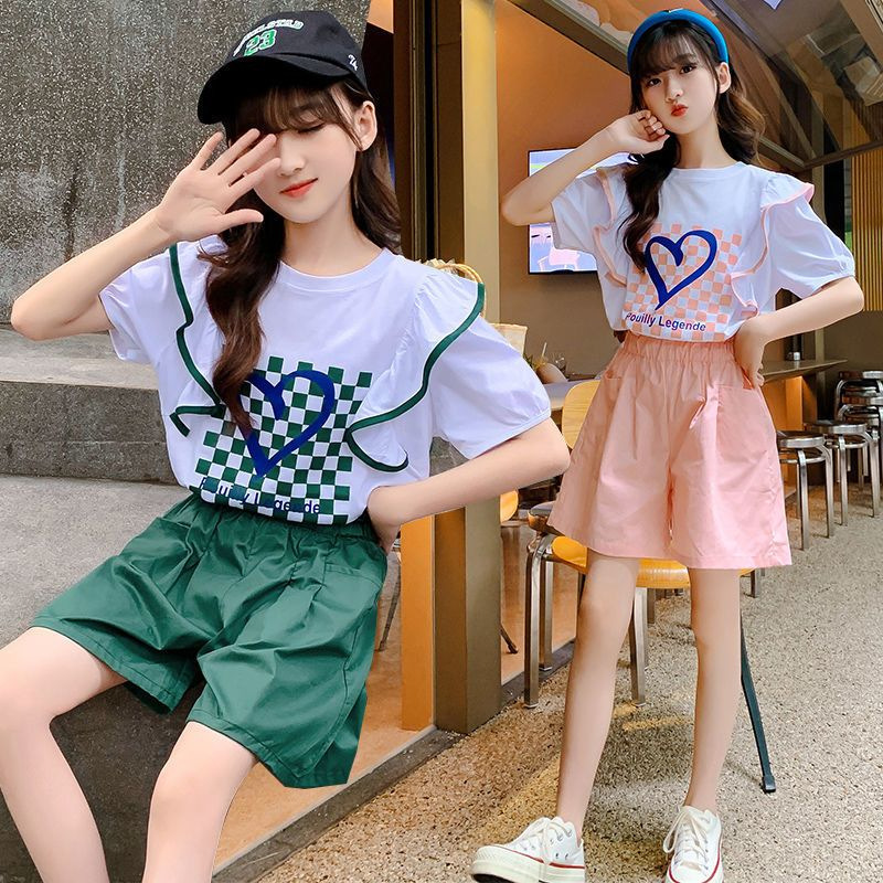 Girls' Western Style Suit 2023 Summer New Style Mid-Big Children's Internet Popular Korean Style Children's Thin Summer Short-Sleeved Two-Piece Suit