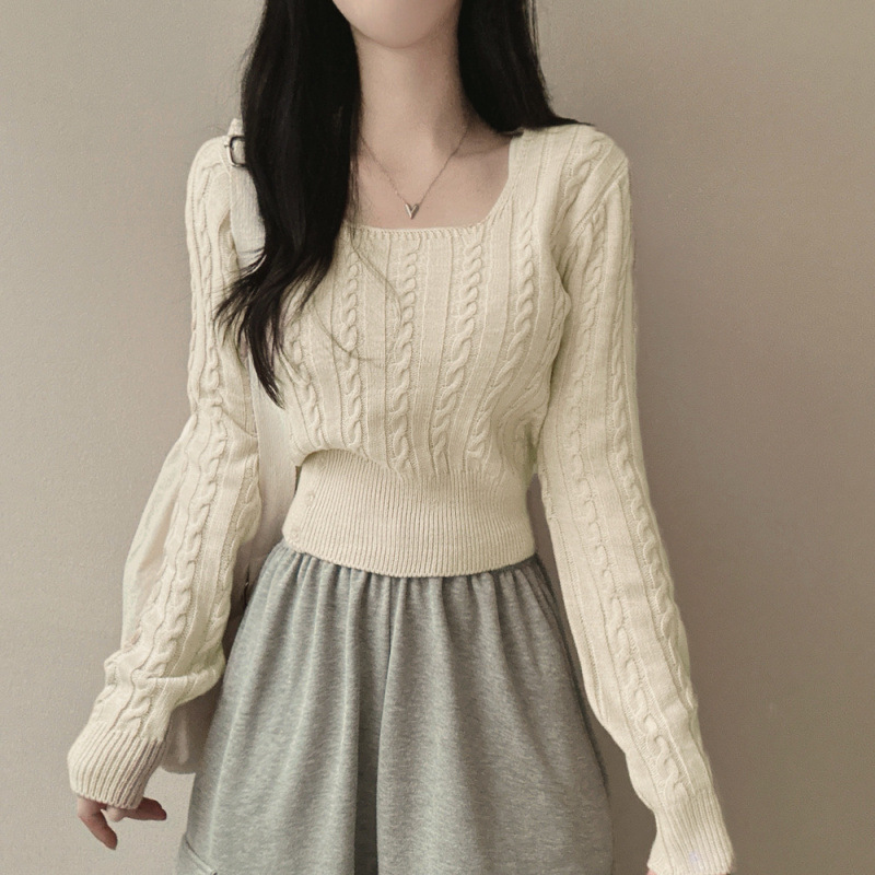 Picture of Japanese Style Retro Twist Knitwear Women's Korean Style Fashionable Square Collar Short Waist Base Sweater Niche Chic Top