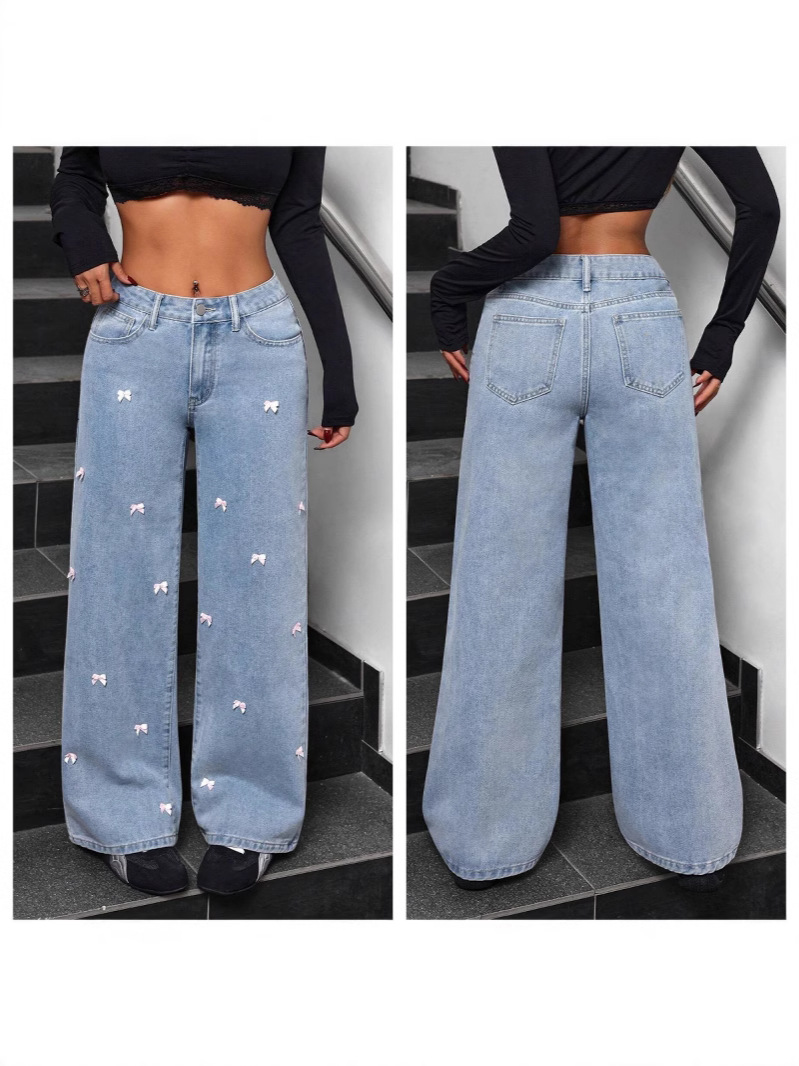 American High Street Y2K Jeans Women's 2025 Spring New High Waist Wash Water Bowknot Wide Leg Trendy Jeans