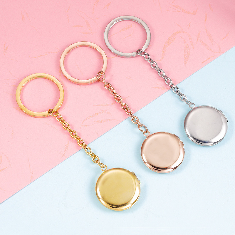 316L Mirror Stainless Steel Couple Round Photo Commemorative Accessories DIY Photo Box Keychain Pendant