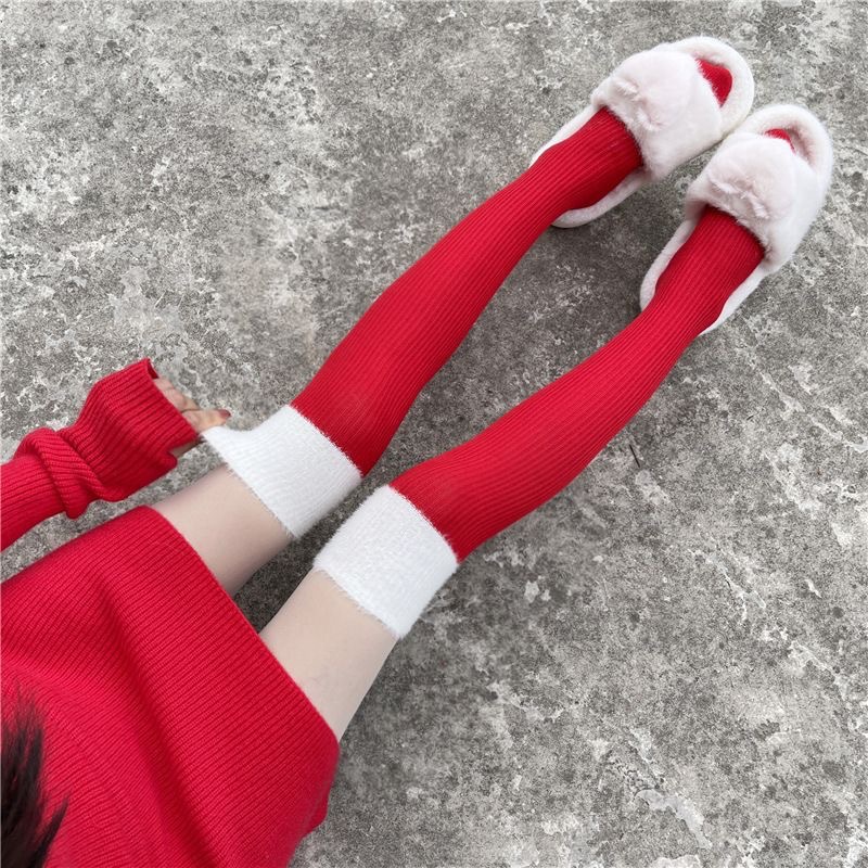 Picture of Stitching stockings autumn and winter women's Christmas over-the-knee socks original year red plush thickened jk calf socks for women