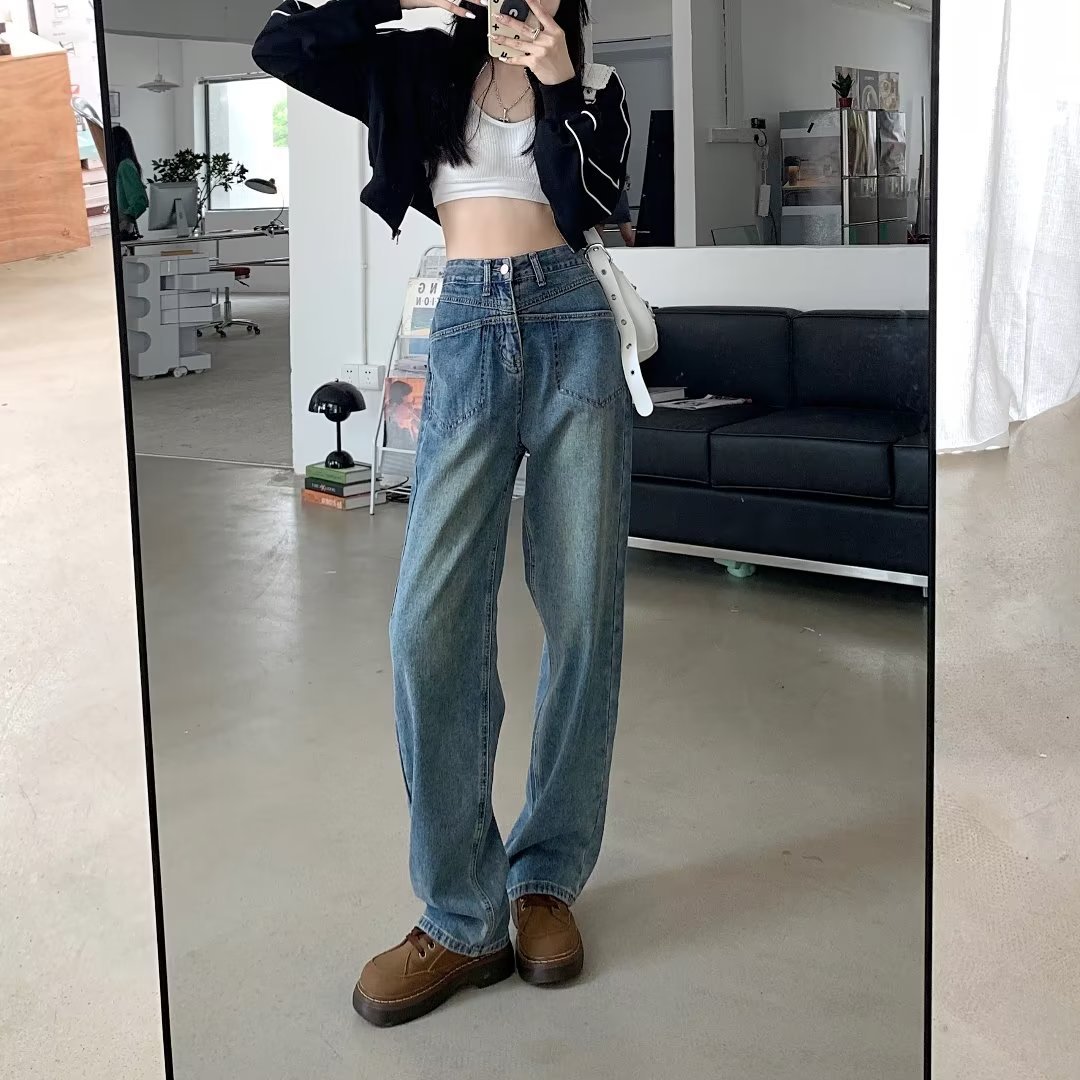 Picture of Blue Narrow Wide Leg Jeans Women's Spring and Autumn New High Waist Loose Dipping Hong Kong Style Straight Trendy Pants