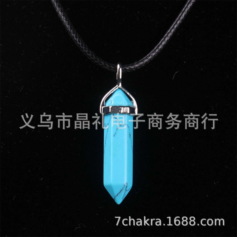 Picture of Natural Stone Hexagonal Pendant European and American Natural Crystal Hexagonal Prism Bullet Hexahedral Black Wax Rope Necklace