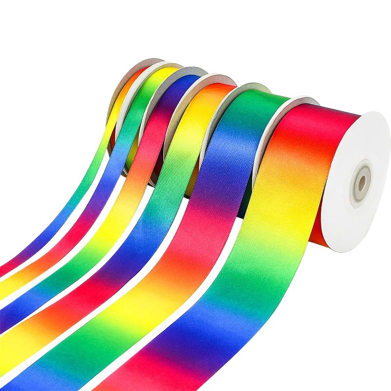 Factory wholesale rainbow ribbon high density gradient polyester colorful ribbon DIY material ribbon baking packaging