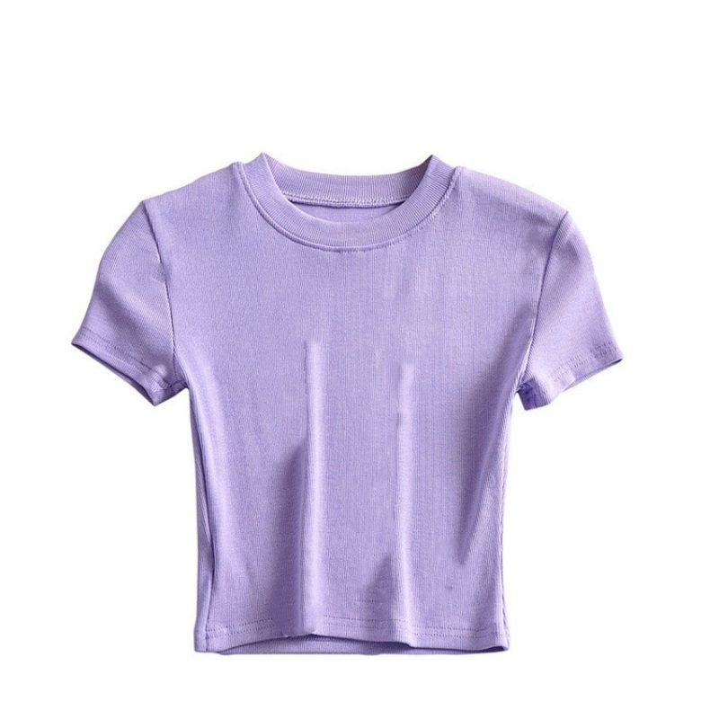Picture of Hot girl sexy tight chest slimming round neck short sleeve t-shirt women's summer slim fit ins short navel bottoming solid color top fashion