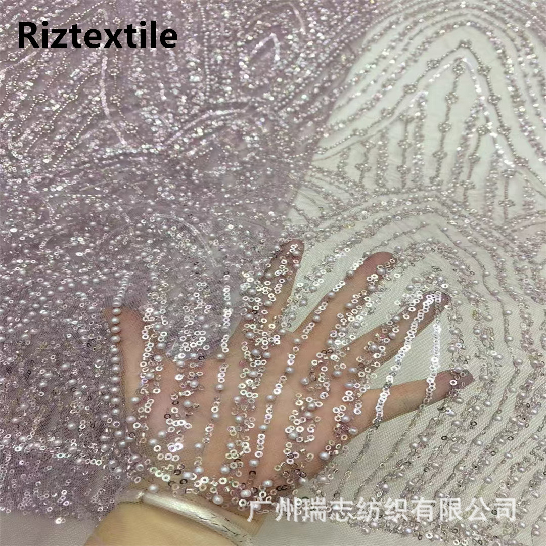 2024 European and American Style Fashion Sequin Bead Tube Embroidered Fabric Lace Mesh Wedding Dress Cheongsam Mesh Embroidered Fabric