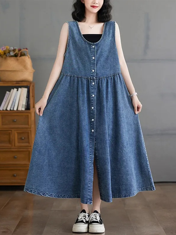 plus size Women's chubby girl Sleeveless All-match Denim Vacant Dress Light Luxury High-end Casual Loose Denim dress Women