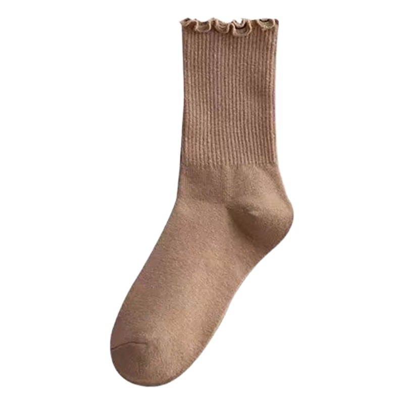 Socks women's mid-calf socks Spring and Autumn style wooden ear lace socks ins Japanese style all-match pile socks autumn and winter jk women's socks