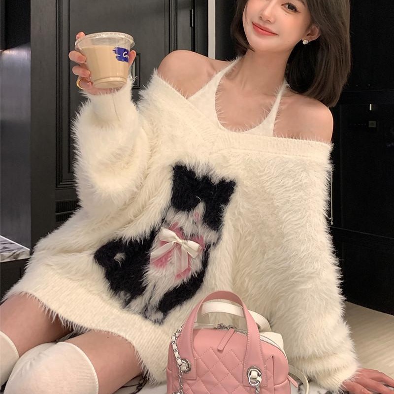 NIMOWANG Hot Cat Top1v Collar Lazy Style Big Sweater Women's Autumn and Winter Bow Imitation Sable Knitted Top