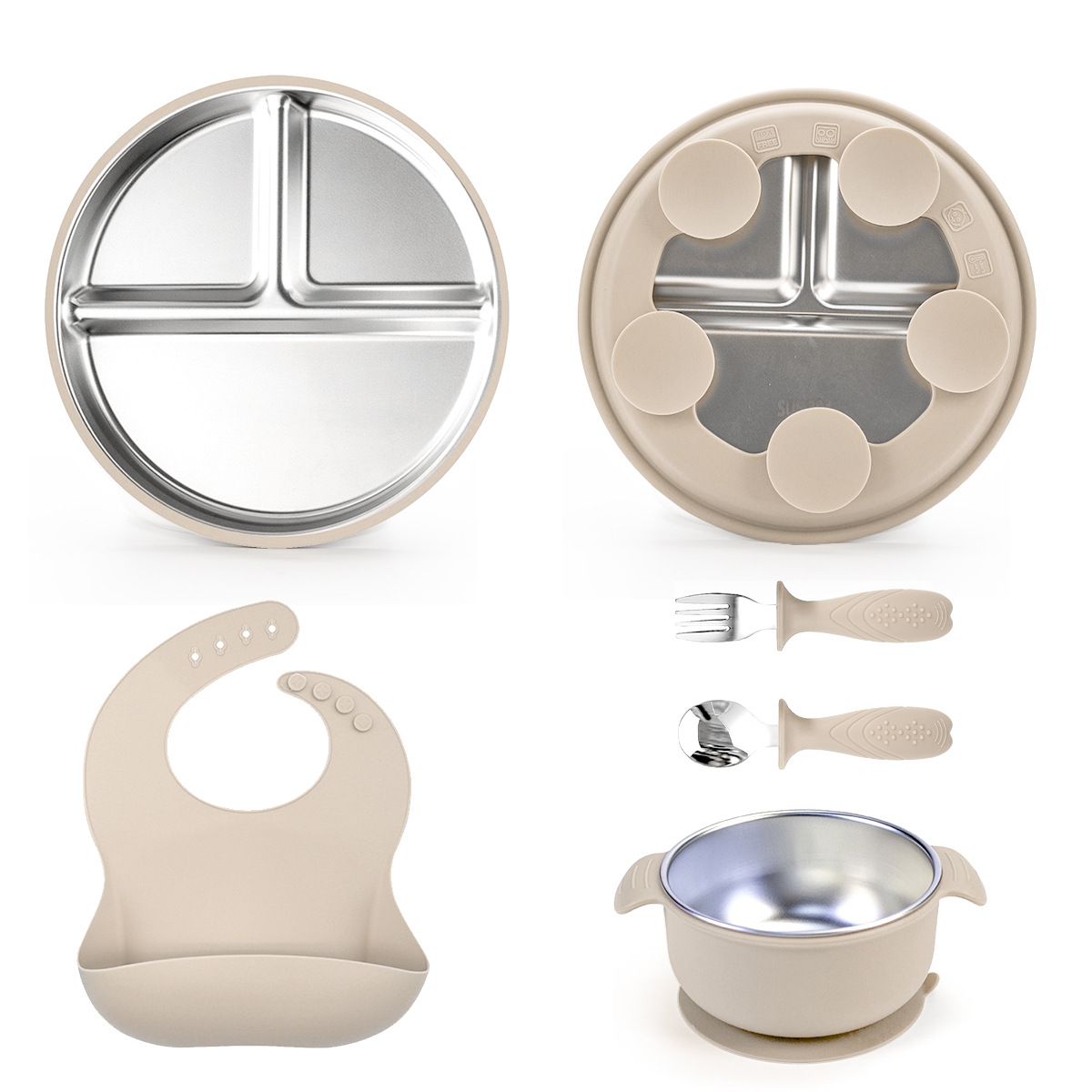 Picture of Cross-Border Baby Dinner Plate Baby Suction Cup Kidsren's Tableware Set Divided Plate Anti-Fall 304 Stainless Steel Silicone Bowl
