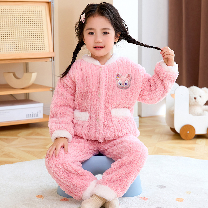 Picture of Children's Flannel Pajamas Winter New Girls' Thin Velvet Girls' Baby Children's Autumn and Winter Coral Velvet Home Clothes suit