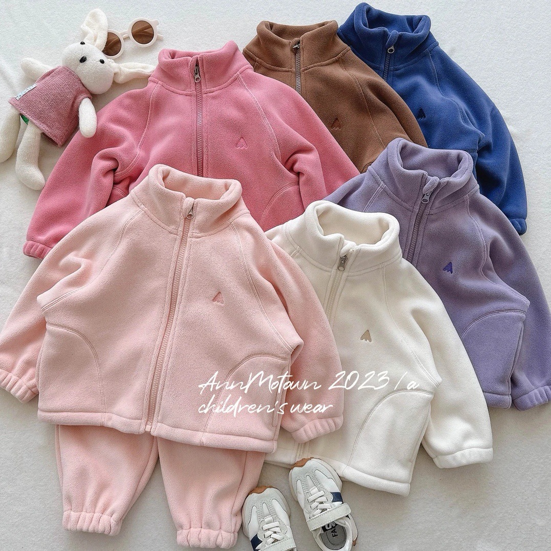 Korean Winter Girls suit 2023 New Children's Sweet Fleece Zipper Jacket Casual Pants Two-Piece Trendy Set