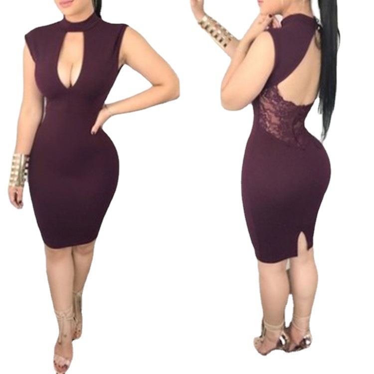 Picture of in stock explosions Amazon Europe and the United States new dress hollow backless slim sexy lace stitching dress nightclub
