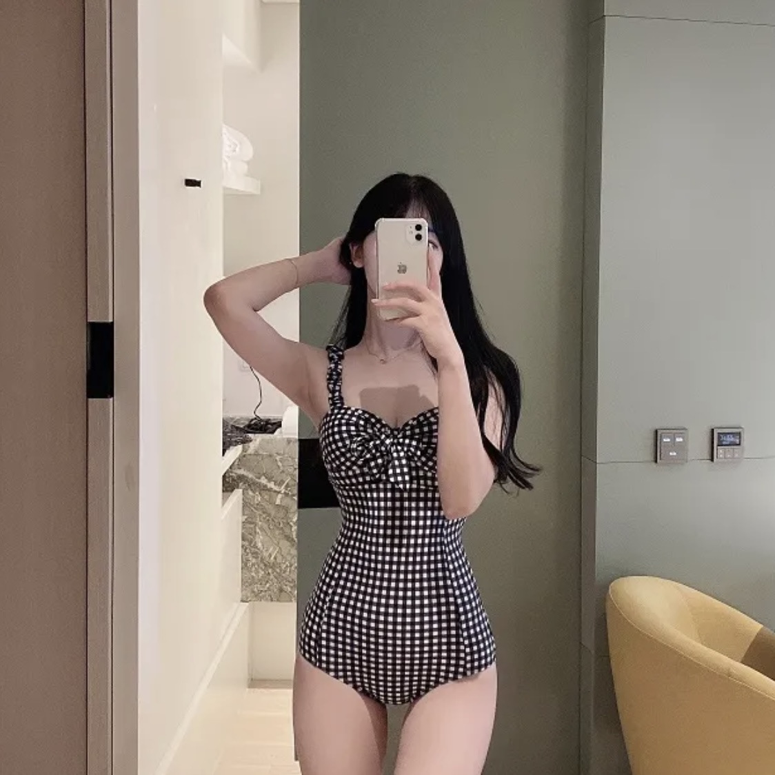 Source Factory Korean New Girl's Retro Plaid Belly-Covering Slim-Fit Slimming Steel Bracket Gathering One-Piece Hot Spring Swimsuit