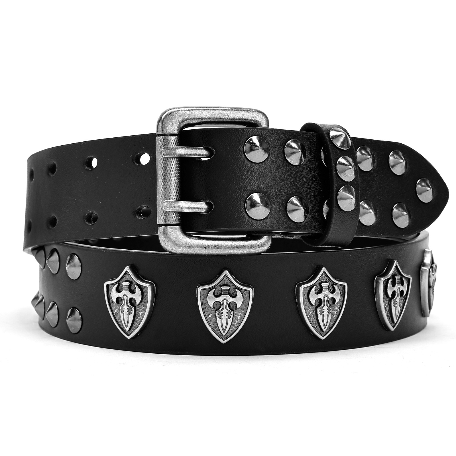 Cross-Border European and American Fashion Rivet Belt Y2K Metal Double-Pin Buckle Belt Men's Personalized Fashion Trendy Street Belt