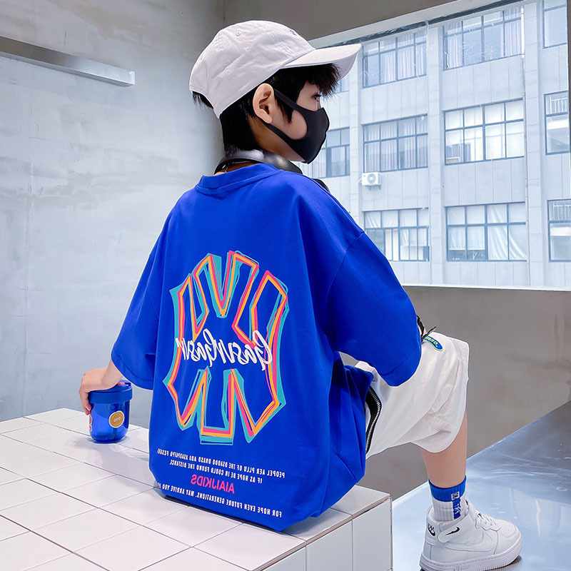 Factory Wholesale Boys Spring 2024 New Big Kidsren Summer Clothes Boys Half-Sleeved T-Shirts Cotton Trendy Brand Street Kidsren