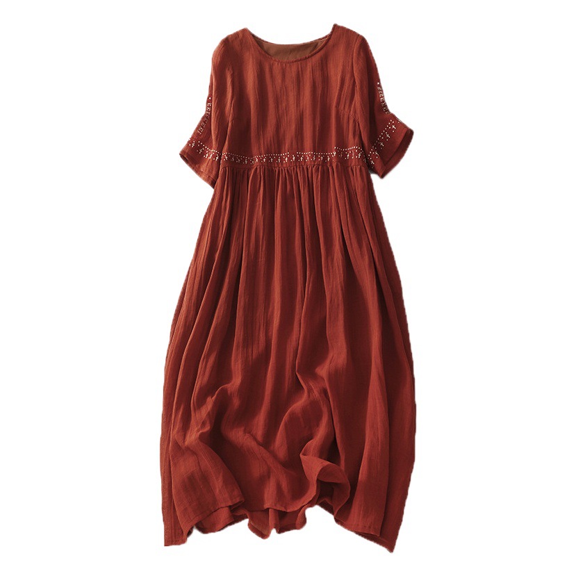 2025 Summer New Product Ramie Literary Retro Loose Embroidered Female Fat mm Casual Temperament Dress (Unlined)