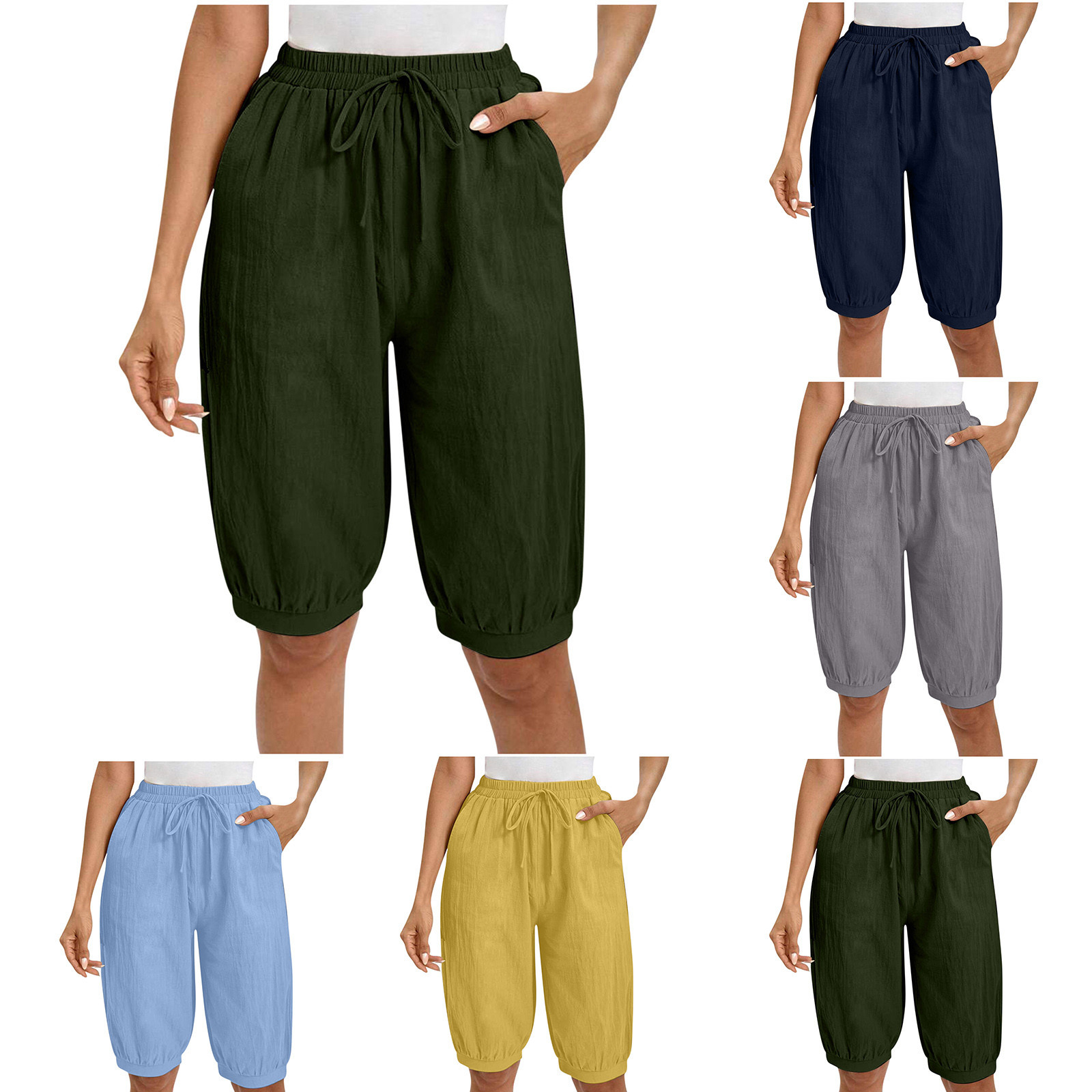 Amazon cross-border women's cotton and linen solid color loose casual elastic waist pants