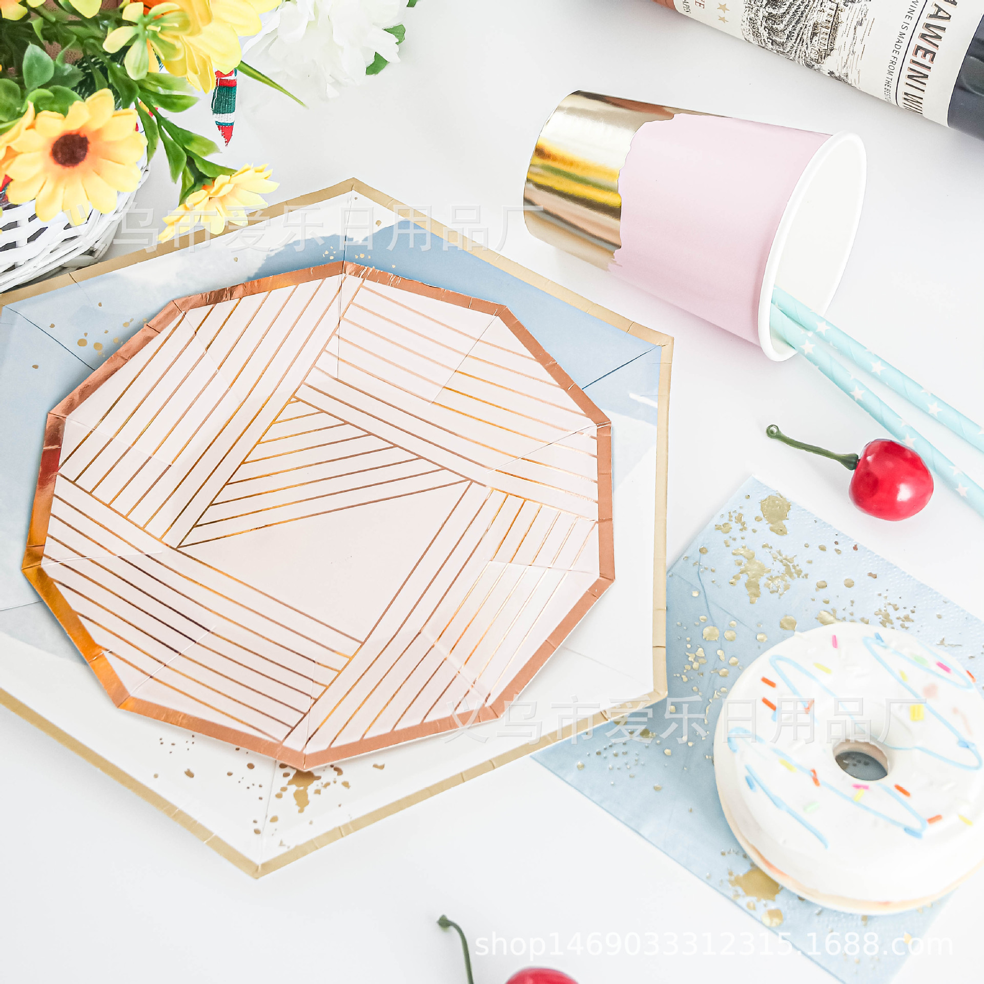 Picture of New ink blue hexagonal hot stamping paper plate wedding ceremony birthday party paper cups paper towels cross-border for now
