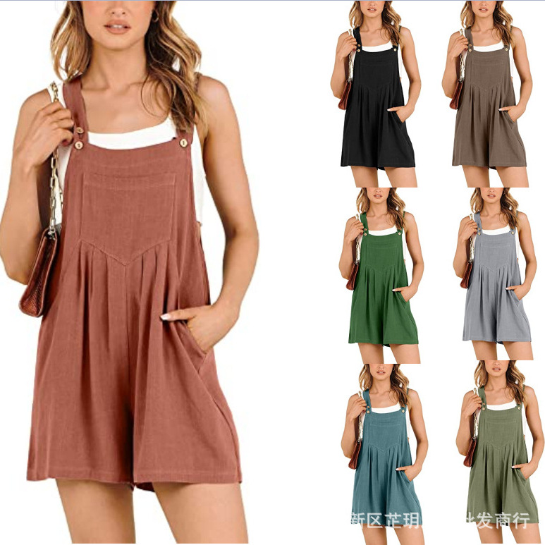 2023 New Cross-border European and American Amazon Independent Station Women's Pocket Cotton and Linen Loose Casual Wide-leg Jumpsuit